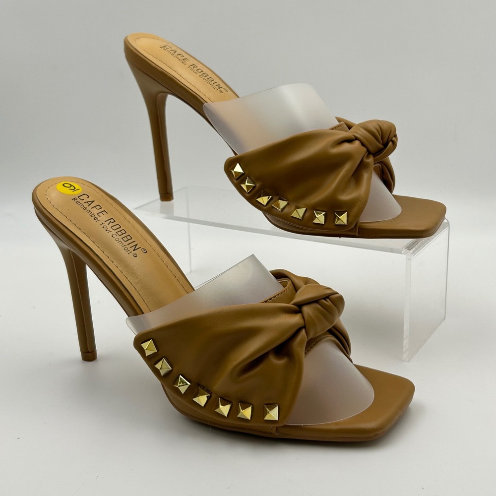 Tan Studded Knotted Bow Glam Stiletto Heels Women 9 Square open-toe edgy shoes